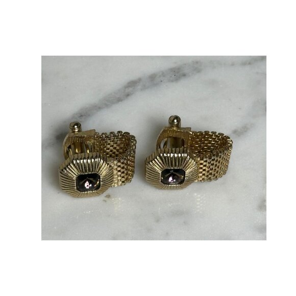 Vintage Gold Tone Mesh Cufflinks with Brown Rhinestone Perfect For Wedding - Picture 2 of 4